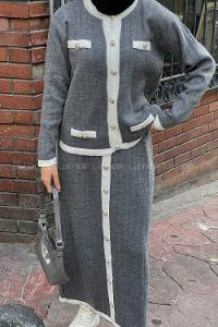 Lamelif Cep Detaylı Düğme Detaylı Triko Tesettür Takım Gri