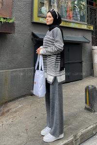 Lamelif Çizgili Triko Tesettür Takım Gri