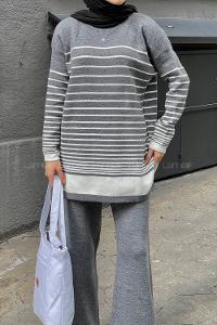 Lamelif Çizgili Triko Tesettür Takım Gri