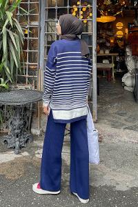 Lamelif Çizgili Triko Tesettür Takım Lacivert