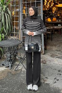 Lamelif Çizgili Triko Tesettür Takım Siyah