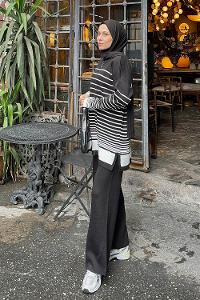 Lamelif Çizgili Triko Tesettür Takım Siyah