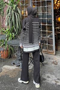 Lamelif Çizgili Triko Tesettür Takım Siyah