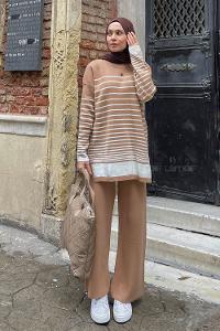 Lamelif Çizgili Triko Tesettür Takım Sütlü Kahve