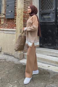 Lamelif Çizgili Triko Tesettür Takım Sütlü Kahve