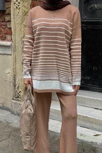Lamelif Çizgili Triko Tesettür Takım Sütlü Kahve