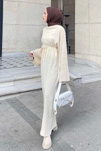 Lamelif Fitilli Triko Tesettür Elbise Ekru