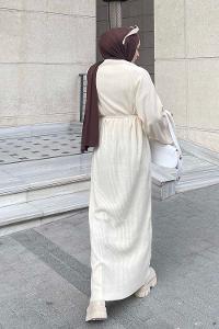 Lamelif Fitilli Triko Tesettür Elbise Ekru