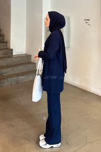 Lamelif  Fitilli Triko Tesettür Takım Lacivert