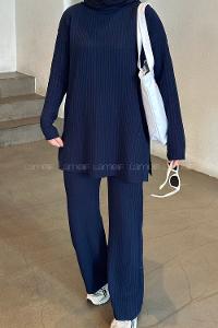 Lamelif  Fitilli Triko Tesettür Takım Lacivert