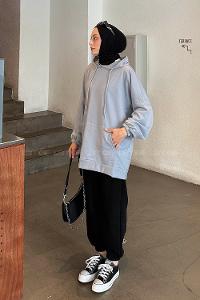 Lamelif  Karpuz Kol Sweatshirt Gri