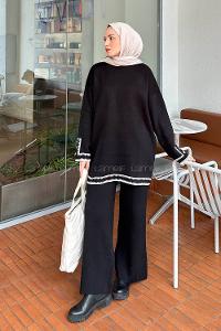 Lamelif Kol Düğme Detaylı Triko Tesettür Takım Siyah