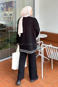 Lamelif Kol Düğme Detaylı Triko Tesettür Takım Siyah