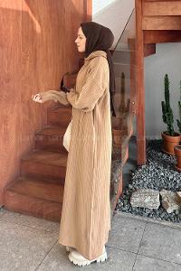 Lamelif Yaka Fermuar Detaylı Triko Tesettür Elbise Sütlü Kahve