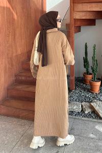 Lamelif Yaka Fermuar Detaylı Triko Tesettür Elbise Sütlü Kahve