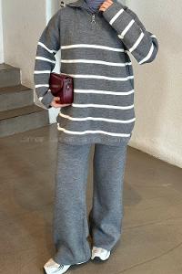 Lamelif Yaka Fermuarlı Çizgili Triko Tesettür Takım Gri