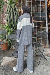Lamelif Yakalı Önü Düğmeli Tasarım Triko Tesettür Takım Gri