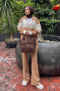 Lamelif Yakalı Önü Düğmeli Tasarım Triko Tesettür Takım Sütlü Kahve