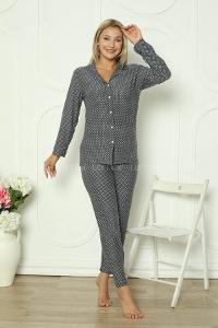 Lamelif Antrasit Puantiyeli Düğmeli Süet Kadın Pijama Seti