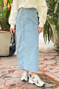 Lamelif Düğmeli Kot Etek Buz Mavisi