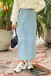 Lamelif Düğmeli Kot Etek Buz Mavisi