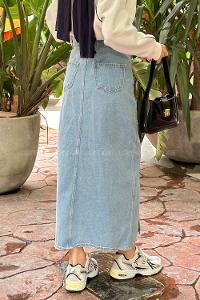 Lamelif Düğmeli Kot Etek Buz Mavisi