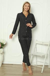 Lamelif Lacivert Puantiyeli Düğmeli Süet Kadın Pijama Seti
