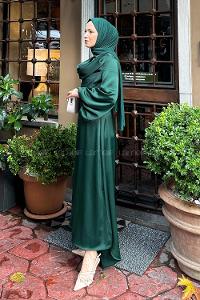 Lamelif Ön Drapeli Saten Tesettür Elbise Zümrüt