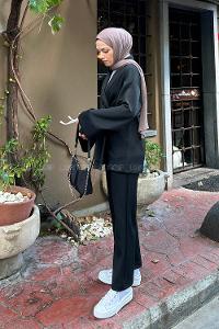 Lamelif Şal Yaka Scuba Tesettür Takım  Siyah