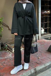 Lamelif Şal Yaka Scuba Tesettür Takım  Siyah