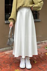 Lamelif Scuba Kumaş Kloş Etek Beyaz