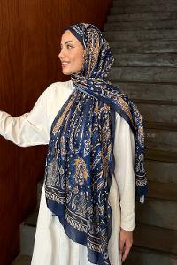 Lamelif Retro Desen Pamuk Şal Lacivert-Gold