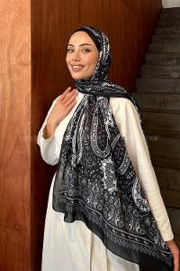 Lamelif Retro Desen Pamuk Şal Siyah