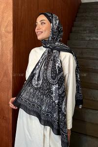 Lamelif Retro Desen Pamuk Şal Siyah