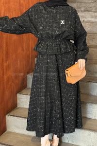 Lamelif Chanel Tasarım Sim İp İşlemeli Tesettür Takım Siyah