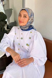 Lamelif Retro Desen Pamuk Eşarp Lacivert-Karamel