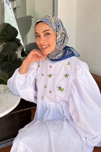 Lamelif Retro Desen Pamuk Eşarp Lacivert-Karamel