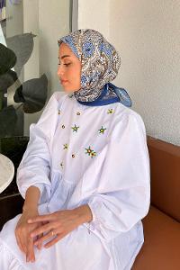 Lamelif Retro Desen Pamuk Eşarp Lacivert-Karamel