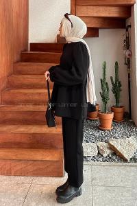 Lamelif Balon Kol Kuplu Üç İplik Tesettür Takım Siyah