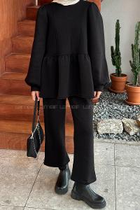 Lamelif Balon Kol Kuplu Üç İplik Tesettür Takım Siyah