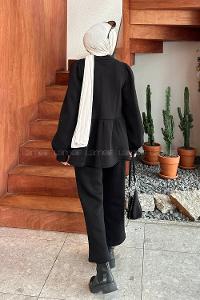 Lamelif Balon Kol Kuplu Üç İplik Tesettür Takım Siyah