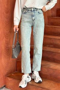 Lamelif Kesik Paça Fit Jean Eskitme Mavi