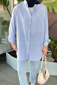 Lamelif Tek Cep Çizgili Gömlek Bebe Mavisi