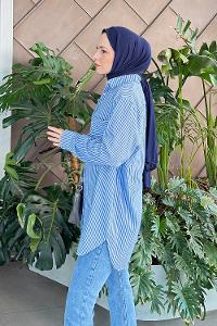 Lamelif Tek Cep Çizgili Gömlek Mavi