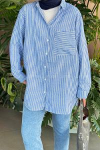 Lamelif Tek Cep Çizgili Gömlek Mavi