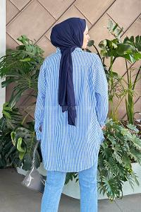 Lamelif Tek Cep Çizgili Gömlek Mavi