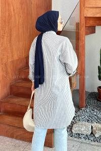 Lamelif Tek Cep Çizgili Tunik Gri