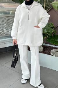 Lamelif Yarım Fermuarlı Üç İplik Tesettür Takım Beyaz
