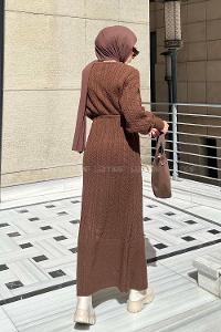 Lamelif Saç Örgü Triko Tesettür Elbise Acı Kahve