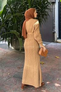 Brown With Milk Crew Neck Knitwear Dresess